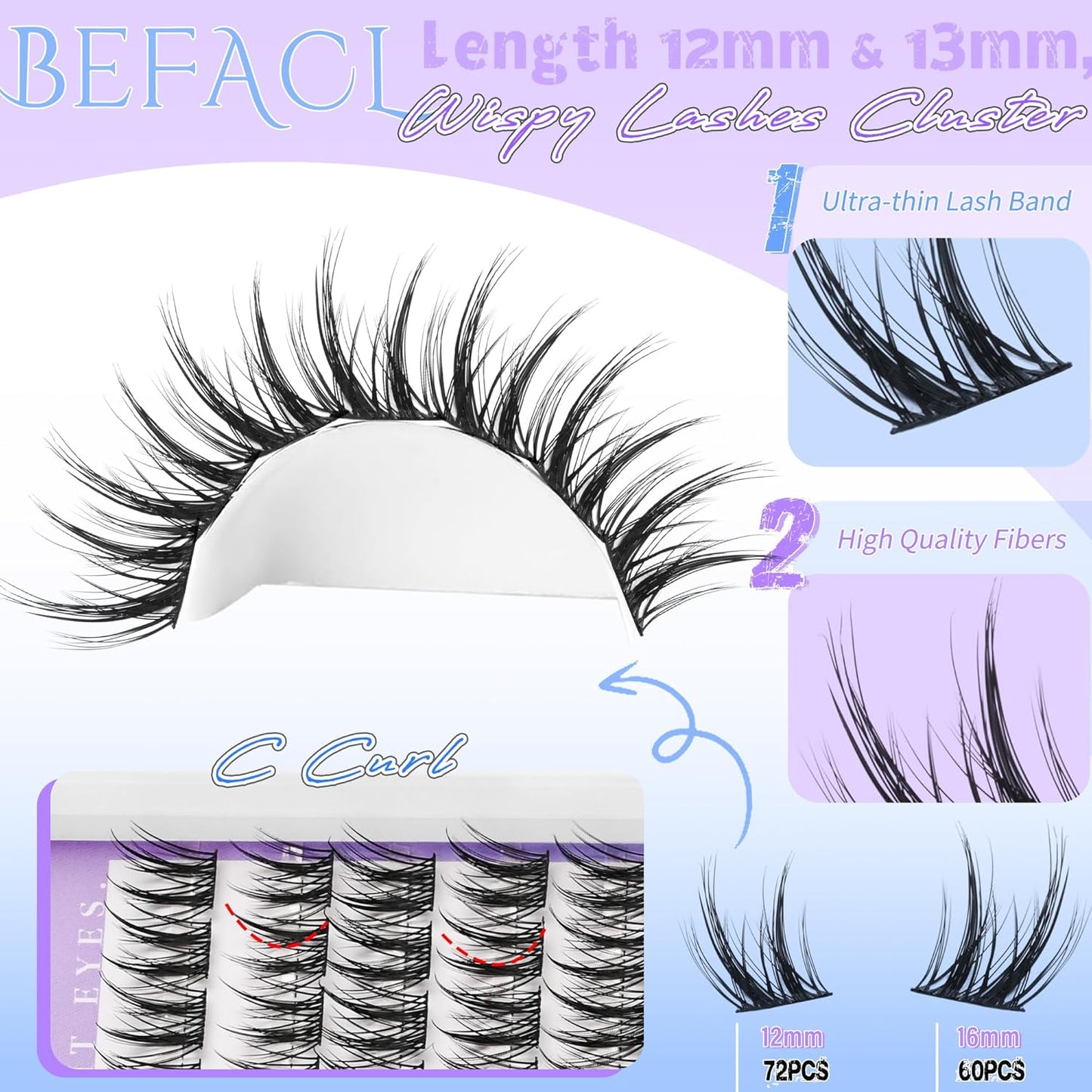 Natural Lash Clusters Wispy Cluster Eyelash Extensions Waterproof Individual Lashes 12&13mm Short Eyelash Clusters Manga Lashes Clusters Kit(132Pcs,C Curl)