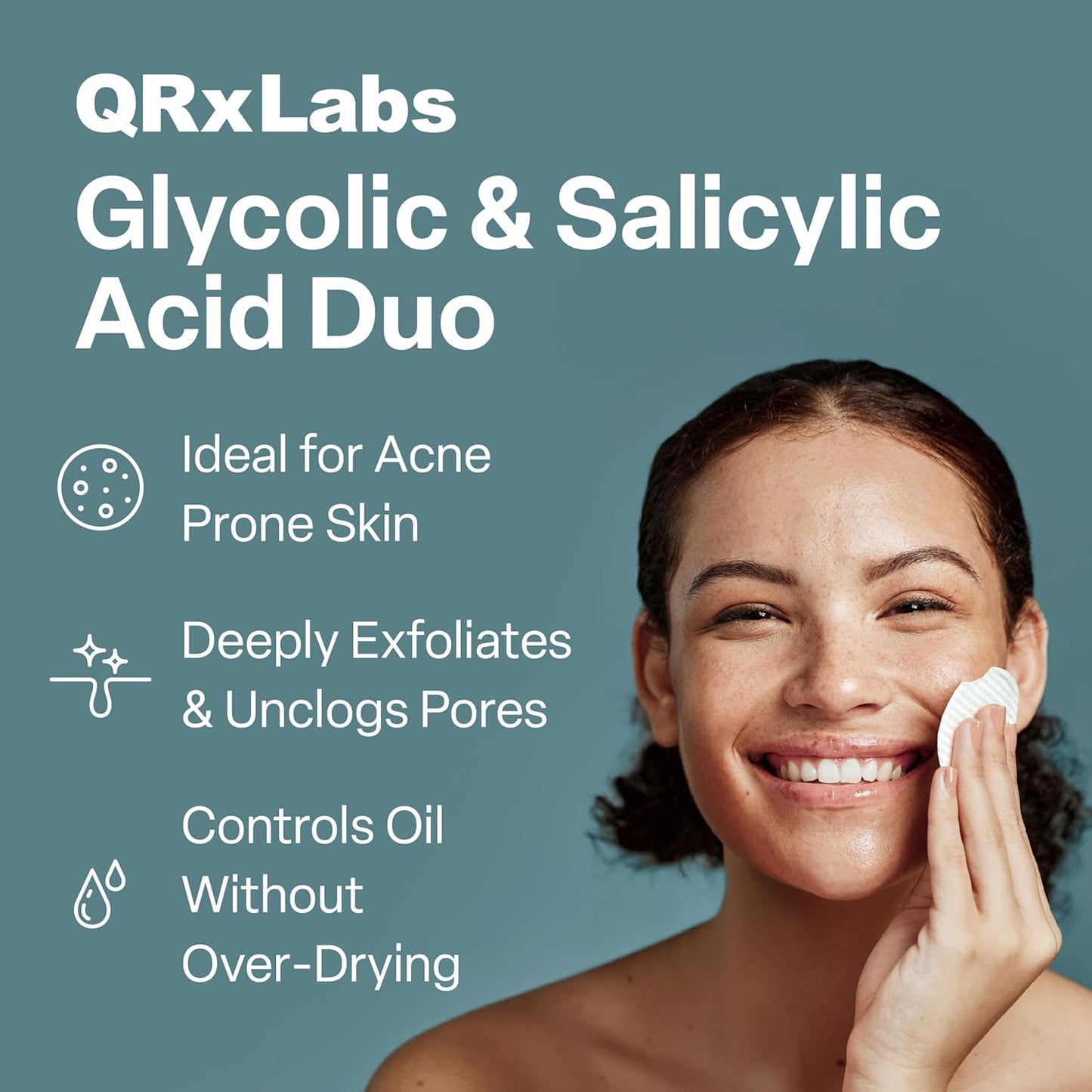 QRxLabs Salicylic & Glycolic Acid Acne Control Pads - 50 Count Jar - Glycolic & Salicylic - Bacne Treatment with Vitamins B5, C & E, Calendula & Green Tea