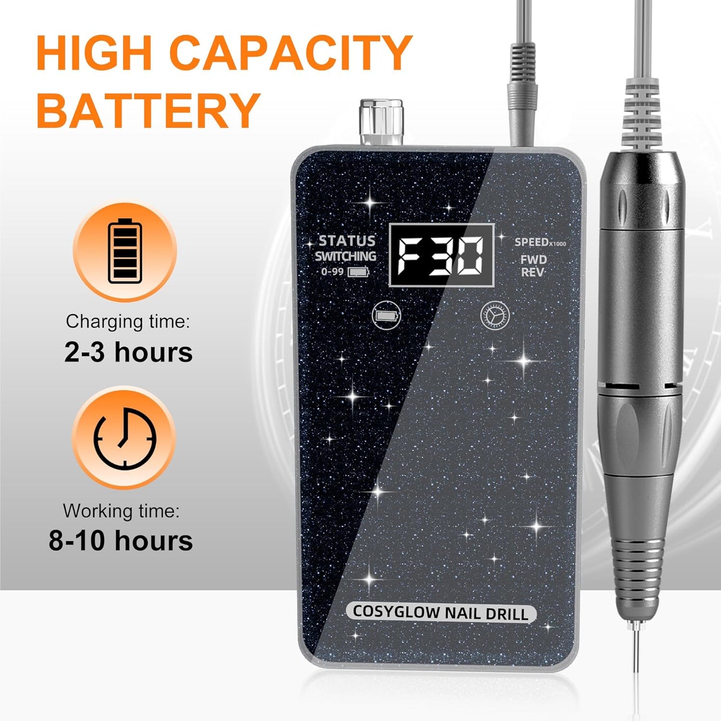 Professional Electric Nail Drill File:COSYGLOW Glitter Portable Cordless E-File Nail Drill Kit with 11 Drill Bits,30000 RPM Rechargeable Nail Drills Machine for Acrylic Nails Gel Polishing(Black)