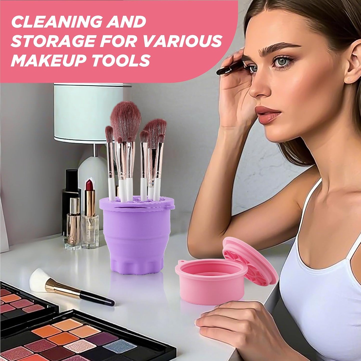 Makeup Brush Cleaner - Foldable Silicone Makeup Brush Cleaner Mat with Brush Storage Holder Makeup Brush Cleaning Bowl Cosmetic Brush Washing Tool for Cleaning Organizer and Drying (Purple and Pink)