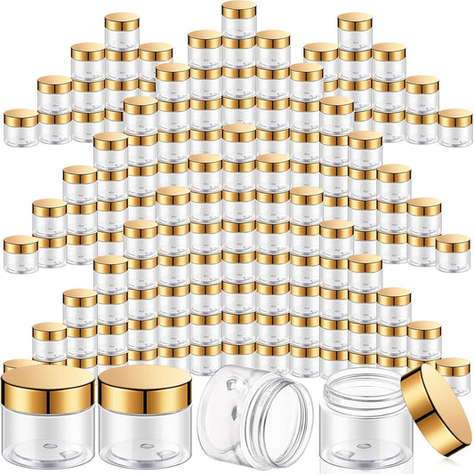 SATINIOR 100 Pcs Plastic Jars with Lids Small Containers Lids Wide Mouth Small Plastic Containers for Lotion Cream Rhinestones Body Butters Travel Storage(10 oz,Gold)