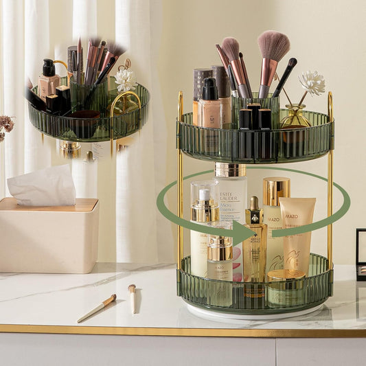 Rotating Makeup Organizer for Vanity, High-Capacity Skincare Clear Make Up Storage Perfume Organizers Cosmetic Dresser Organizer Countertop 360 Spinning (Green, New-2 Tier)