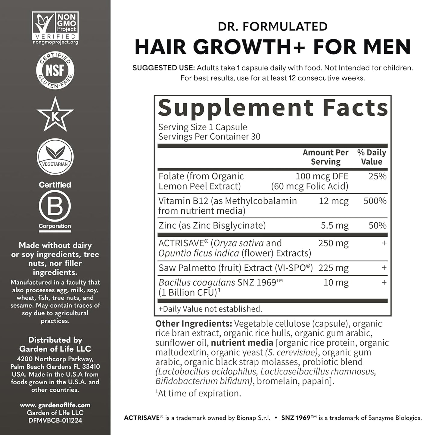 Garden of Life Dr. Formulated Hair Growth for Men with Clinically Studied Extracts and Saw Palmetto for Men to Support Men’s Hair Growth, 30 Count Vegetarian Capsules