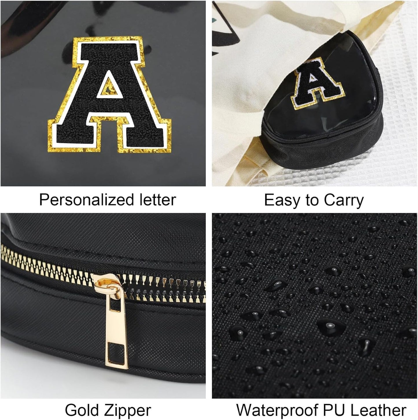 YOOLIFE Initial Makeup Bag Travel Toiletry Bag, Clear Makeup Bag Car Accessories For Women Clear Makeup Bags With Zipper Girlfriend Teacher 13 Year Old Girl Gifts Daughter Girl Gifts Mini Black F