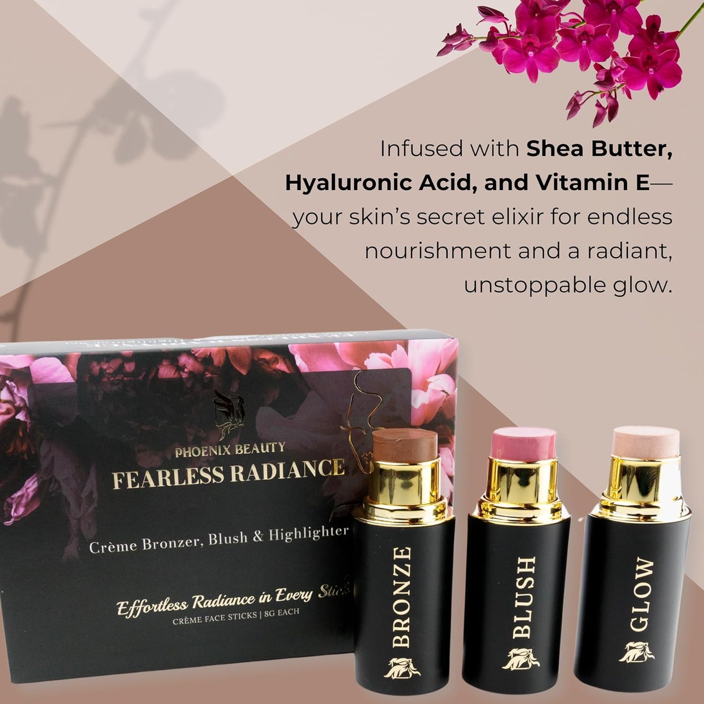 Cream Contour Stick Set – Blush, Bronzer & Highlighter Trio | Hydrating, Buildable, High-Pigment Makeup with Shea Butter & Vitamin E | Phoenix Beauty Gift Set (Enchanted)