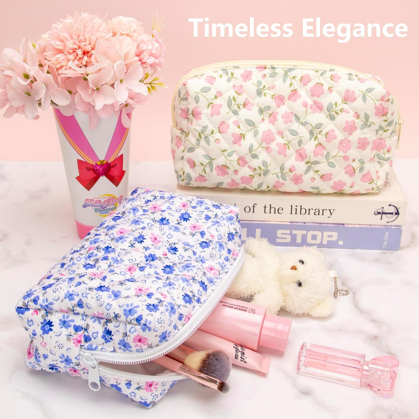 PAZIMIIK Vintage Quilted Makeup Bag Cosmetic Pouch for Brushes Pencils and Travel Make Up Accessories for Women and Girls Flower Blue