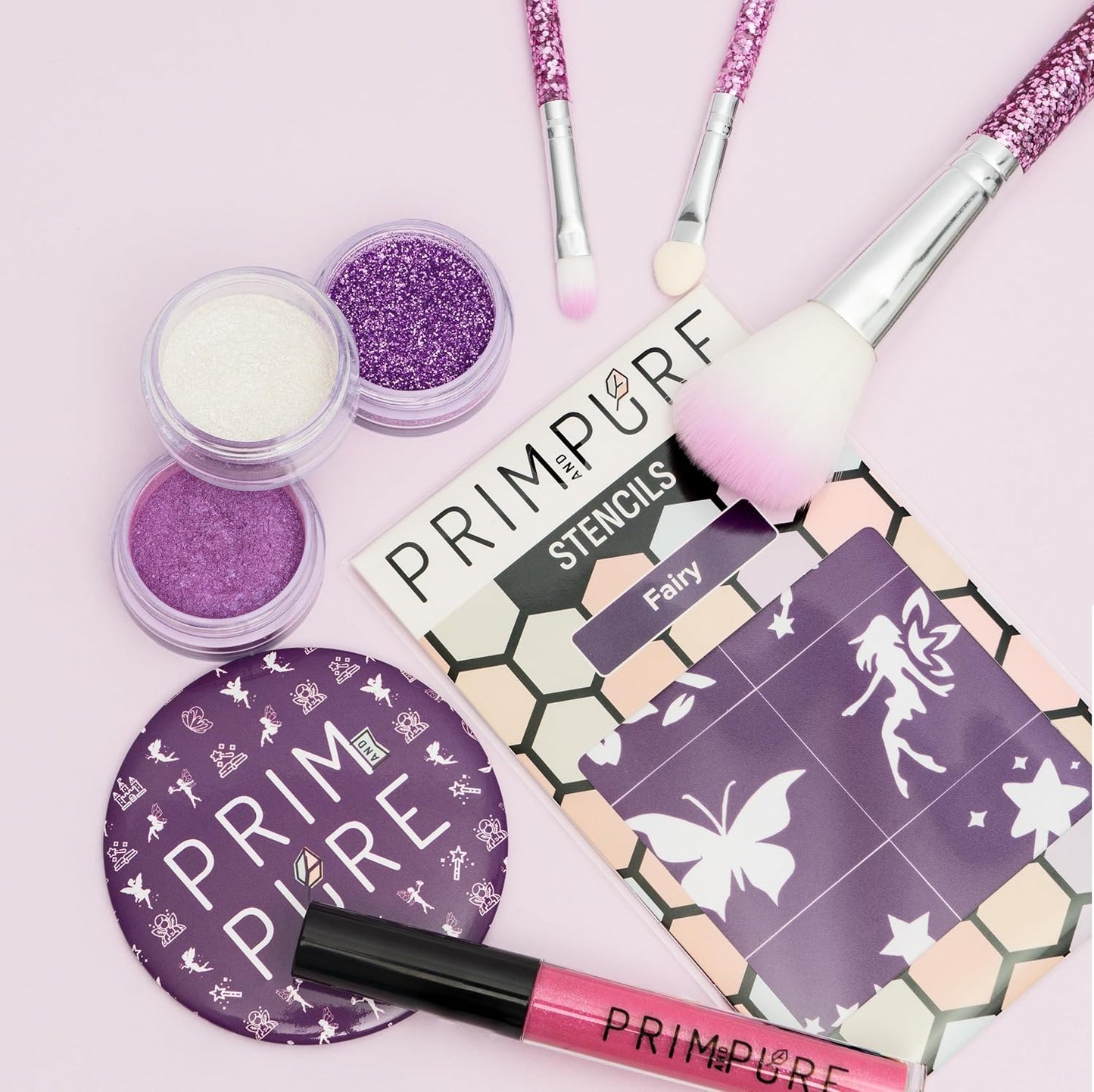 Prim and Pure Kids Makeup Gift Set - Stencil, Makeup Eyeshadow Bioglitter Lip Gloss and Cosmetic Bag Mirror Makeup Brush Accessories (Fairy Purple)