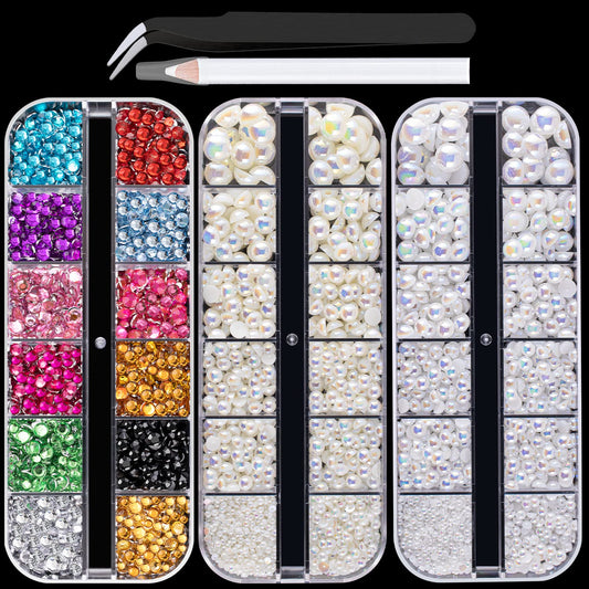 Flat Back Rhinestone+Half Round Pearl Kits Colorful Rhinestones+White AB+Beige AB Pearls With Picker Pencil And Tweezer For Home DIY And Professional Use