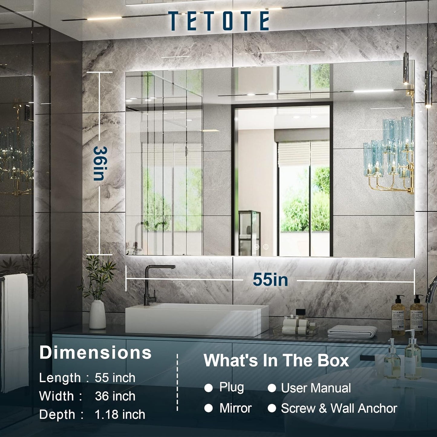 TETOTE 55 x 36 Inch LED Mirror Bathroom Backlit,Anti Fog,Dimmable,Vanity Lighted Mirror,(Horizontal/Vertical)