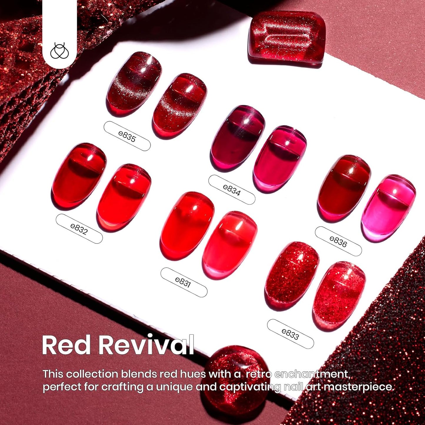 Beetles Red Gel Nail Polish Set, 6 Colors Cat Eye Glitter Burgundy Bright Jelly Nail Polish Set with Magnet, Soak Off LED Lamp DIY Salon at Home Manicure Gifts for Women Red Revival