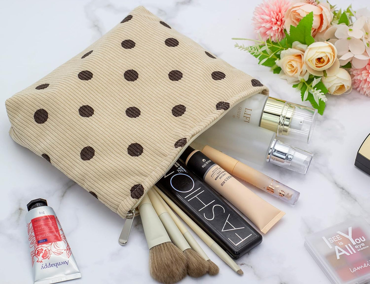 PAZIMIIK Makeup Bag Large Zipper Corduroy Make Up Pouch for Purse Travel Canvas Cosmetic Organizer for Women Brush Storage,Polka Dot Beige