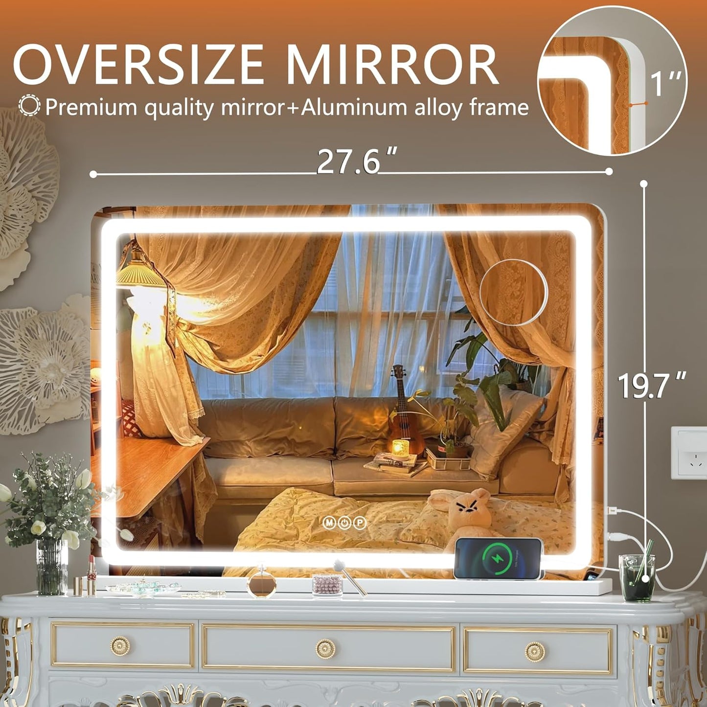 Hasipu Vanity Mirror with Lights, 27.6" x 20" LED Makeup Mirror, Lighted Makeup Mirror with Dimmable 3 Modes, Touch Screen Control Vanity Mirror Round White