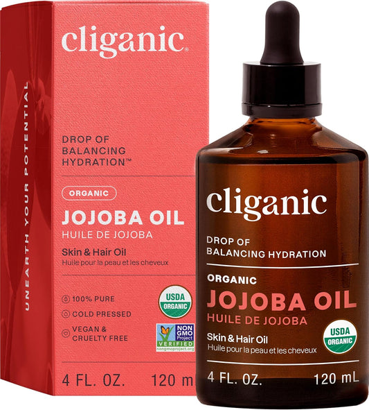 Cliganic Organic Jojoba Oil, 100% Pure (4oz) | Moisturizing for Face, Hair, Skin & Nails | Natural Cold Pressed Hexane Free | Base Carrier Oil