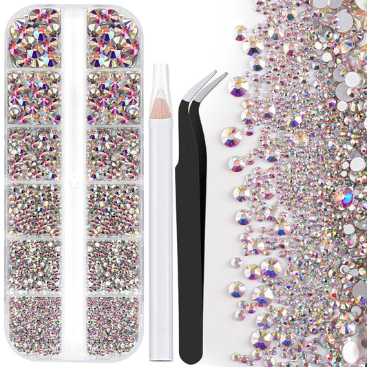 One Pack 2000 Pcs of Flatback Round AB Crystal Rhinestones 6 Sizes (1.5-6 mm) with Nail Art Rhinestone Picker Pencil and Tweezer for DIY and Salon Use