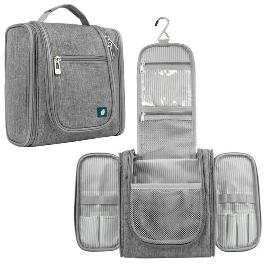 PAVILIA Toiletry Bag Travel Bag for Women Men, Hanging Cosmetic Organizer, Water Resistant Makeup Bag for Accessories Toiletries, Large Travel Essentials Kit (Grey)