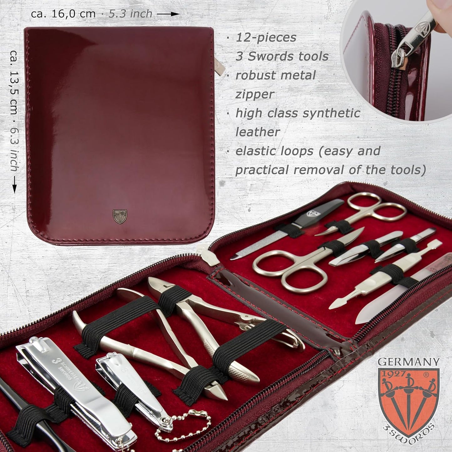3 Swords Germany - brand quality 12 piece manicure pedicure grooming kit set for professional finger & toe nail care with burgundy synthetic leather case - Made in Germany