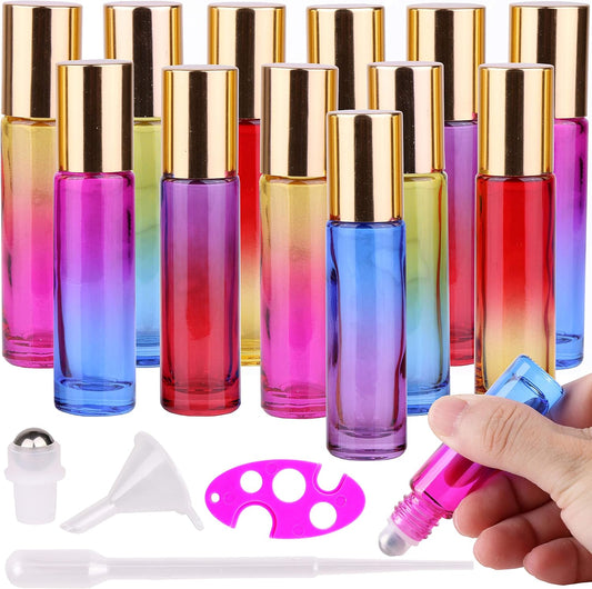 inice 12 Pack,Roller Bottles Gradient Color Glass Bottle for Essential Oils Applicator,10ml Roll on Bottle with Golden Metal Cap for Daily Care