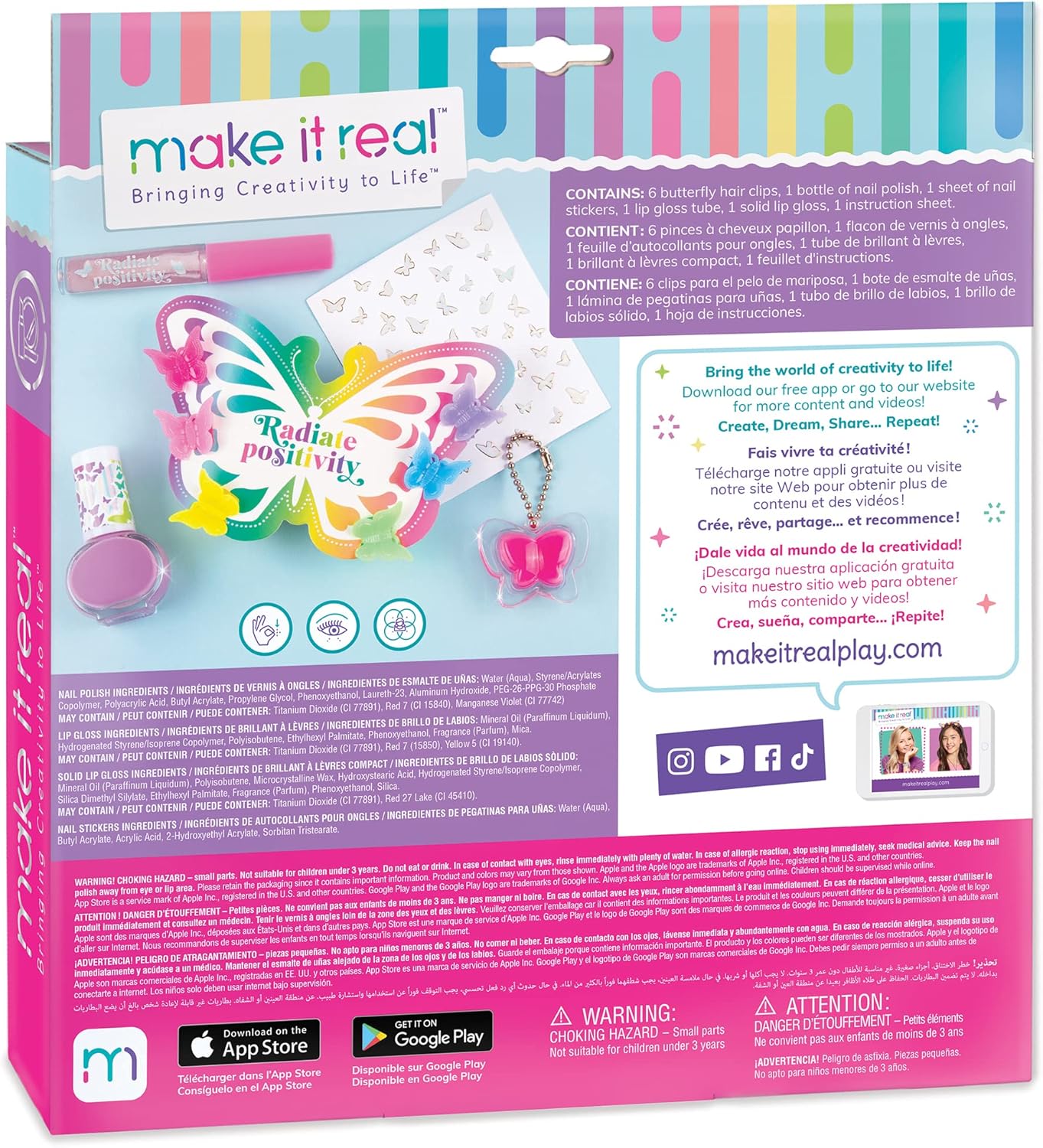 Make It Real: Butterfly Dreams Cosmetic Set - 11 Pieces, Tweens & Girls, Includes 6 Butterfly Hair Clips, Polish, Nail Stickers, 2 Lip Gloss & Instructions, Butterflies, Makeup & Beauty, Kids Ages 8+