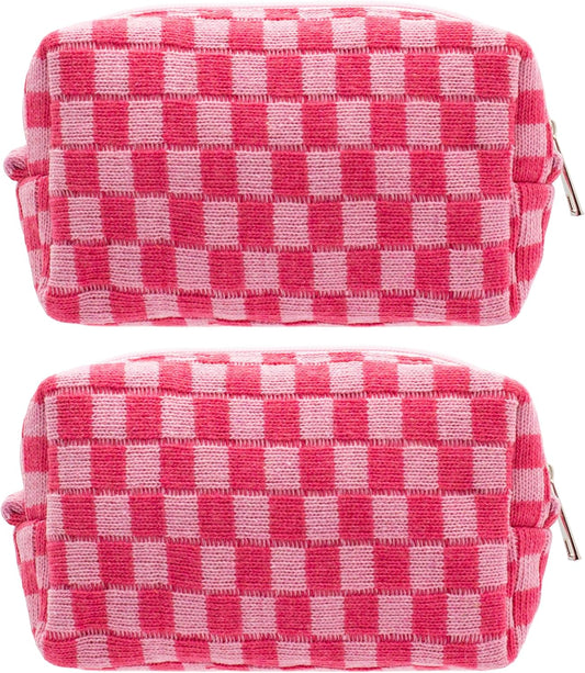 PAZIMIIK Checkered Makeup Bag for Purse Portable Zipper Make Up Pouch Small Cosmetic Case for Travel Accessories (2PCS Hotpink)