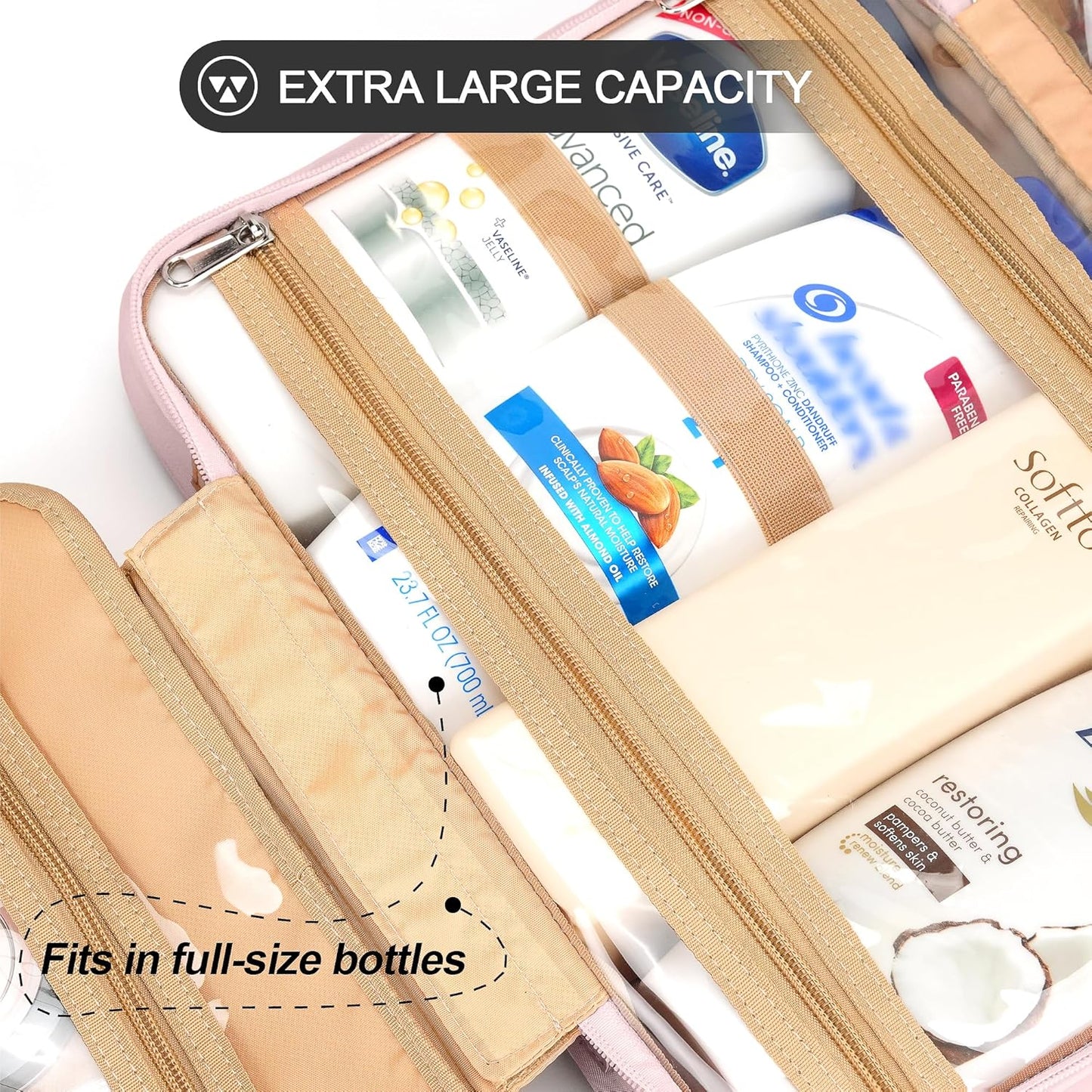 Travel Hanging Toiletry Bag for Women, Extra Large Makeup Bag, Holds Full-Size Shampoo, with Jewelry Organizer Compartment, Waterproof Cosmetic Bag, Toiletries Kit Set with Trolley Belt, Baby Pink