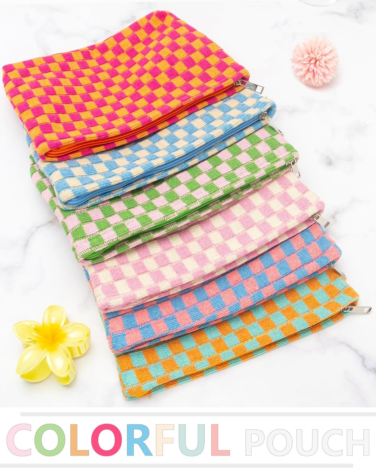 PAZIMIIK Knitted Checkered Makeup Bag Large Zipper Make Up Accessory Pouch for Purse Cosmetic Brush Bag for Travel Essential Orange Green