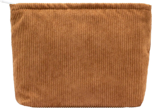 PAZIMIIK Makeup Bag Large Zipper Corduroy Make Up Pouch for Purse Travel Canvas Cosmetic Organizer for Women Brush Storage,Brown