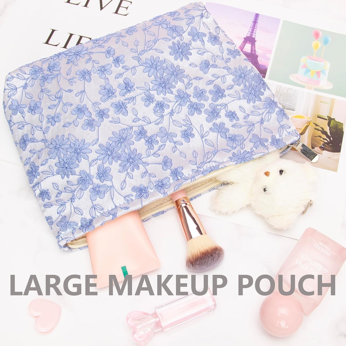 PAZIMIIK Makeup Bag Large Cotton Zipper Pouch for Purse Travel Canvas Make Up Organizer for Women Cosmetic,Brocade Silver