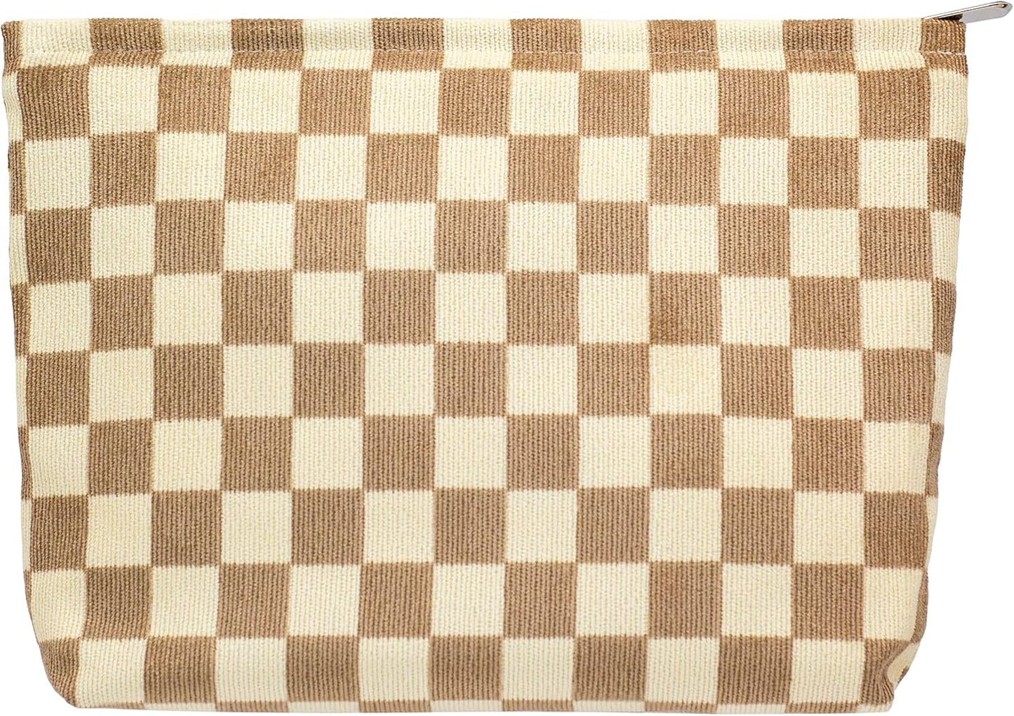 PAZIMIIK Makeup Bag Large Zipper Corduroy Make Up Pouch for Purse Travel Canvas Cosmetic Organizer for Women Brush Storage,Checkered Light Brown