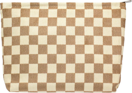 PAZIMIIK Makeup Bag Large Zipper Corduroy Make Up Pouch for Purse Travel Canvas Cosmetic Organizer for Women Brush Storage,Checkered Light Brown