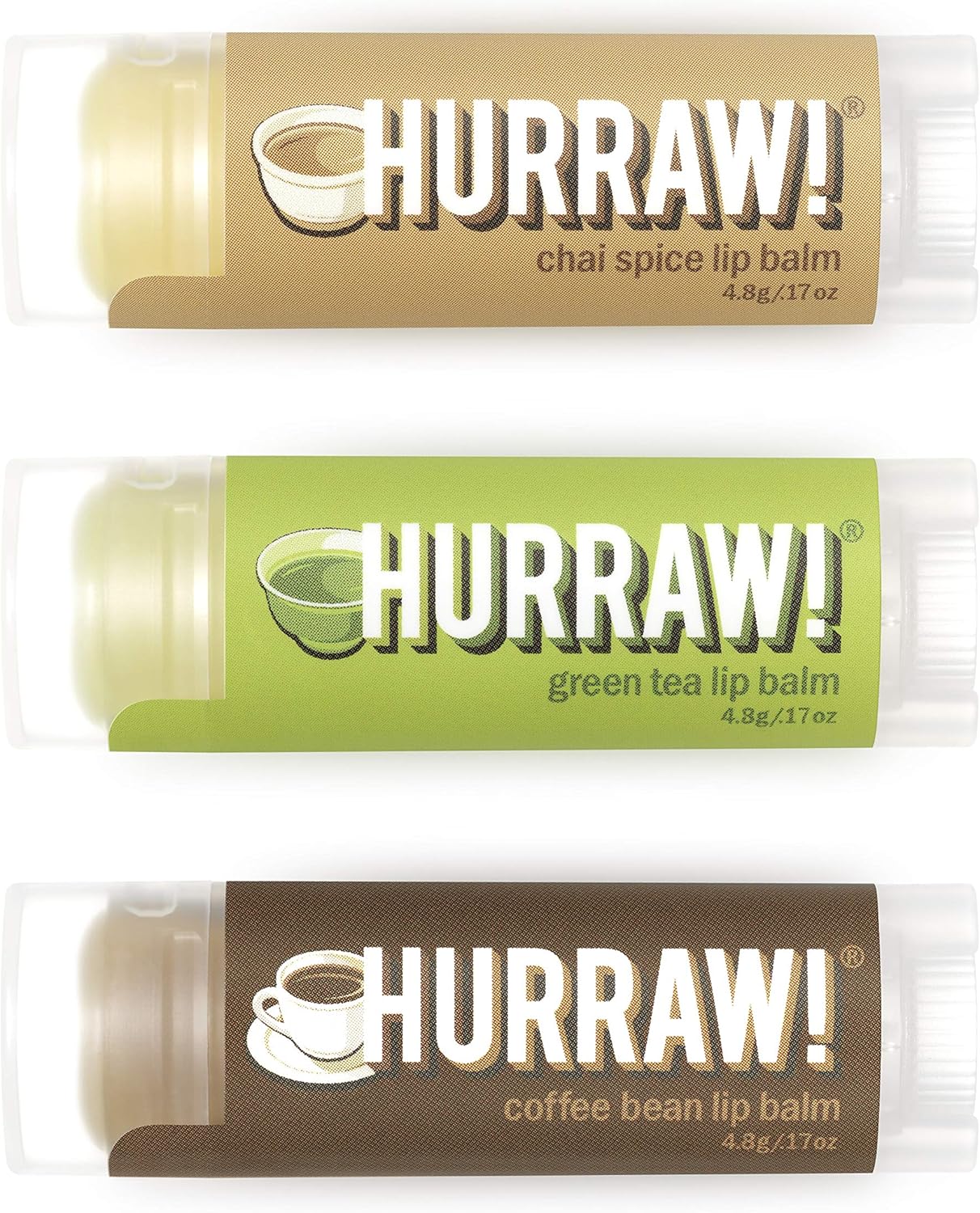 Hurraw! Chai Spice, Green Tea, Coffee Bean Lip Balms, 3 Pack Bundle: Organic, Certified Vegan, Cruelty and Gluten Free. Non-GMO, 100% Natural Ingredients. Bee, Shea, Soy and Palm Free. Made in USA