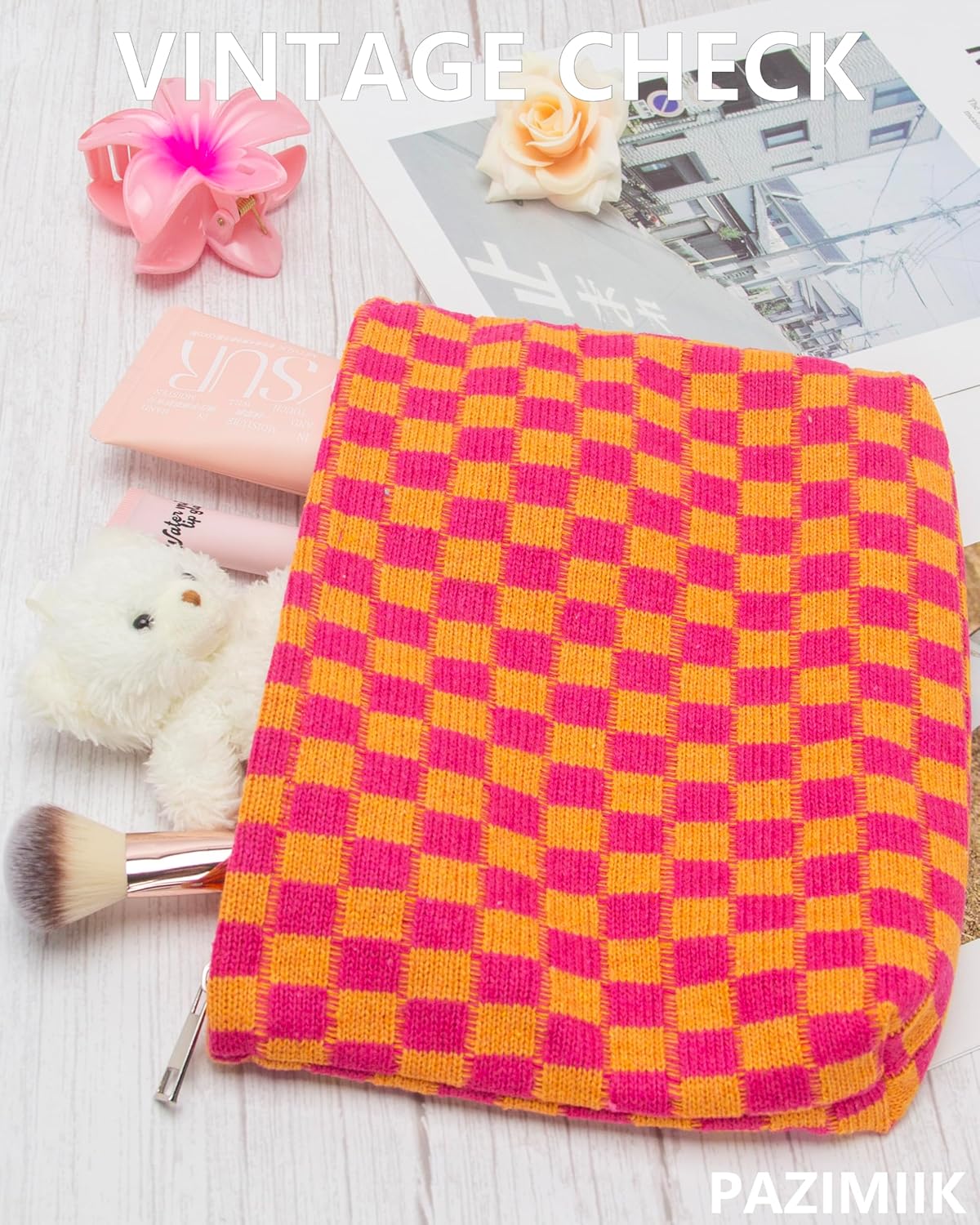 PAZIMIIK Knitted Checkered Makeup Bag Large Zipper Make Up Accessory Pouch for Purse Cosmetic Brush Bag for Travel Red Orange