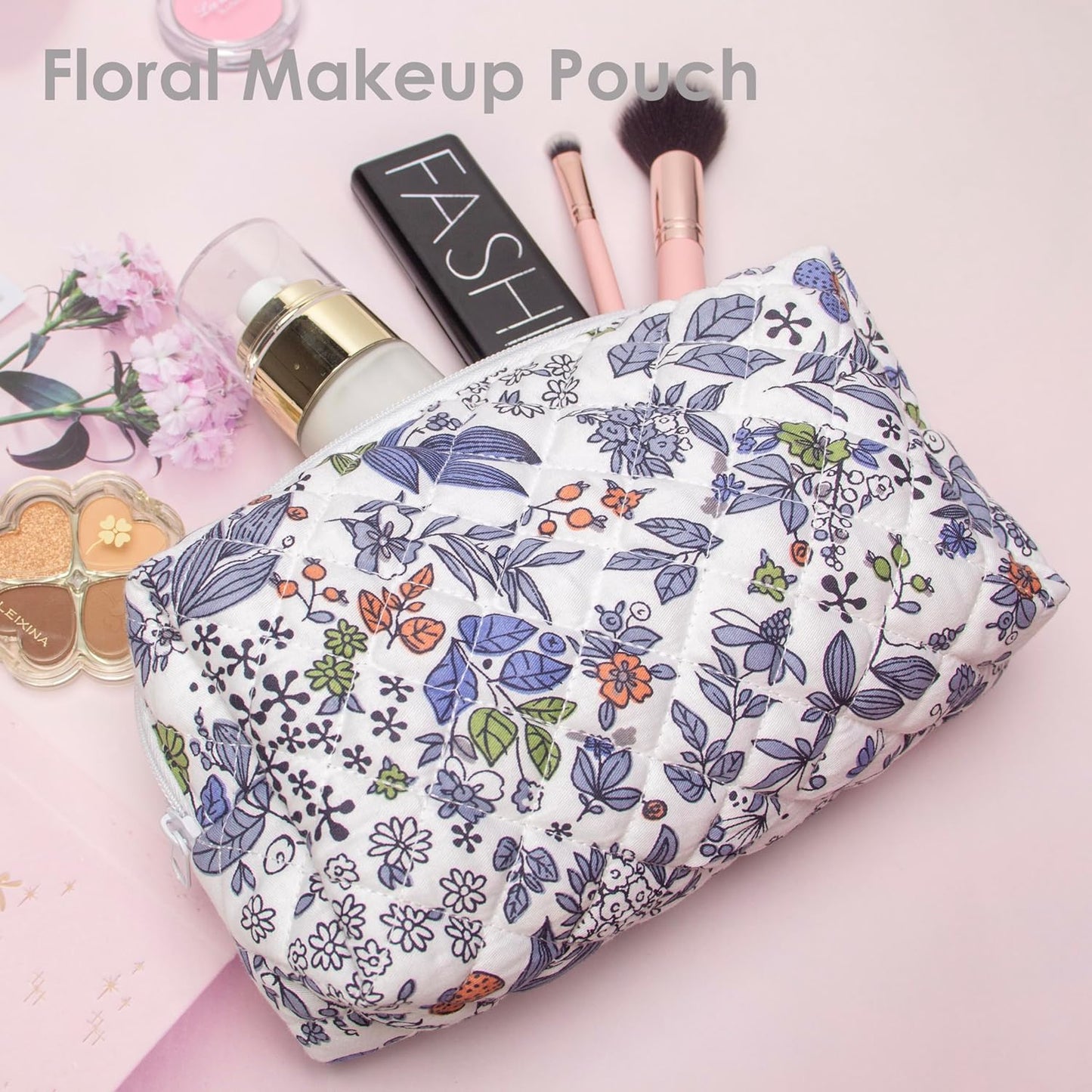 PAZIMIIK Vintage Quilted Makeup Bag Cosmetic Pouch for Brushes Pencils and Travel Make Up Accessories for Women and Girls,Leaf White