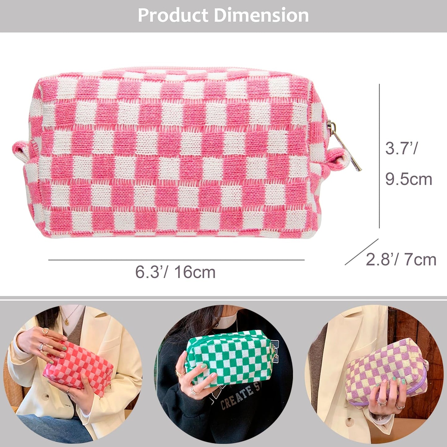 PAZIMIIK Checkered Makeup Bag for Purse Portable Zipper Make Up Pouch Small Cosmetic Case for Travel Accessories (6PCS Pink White)