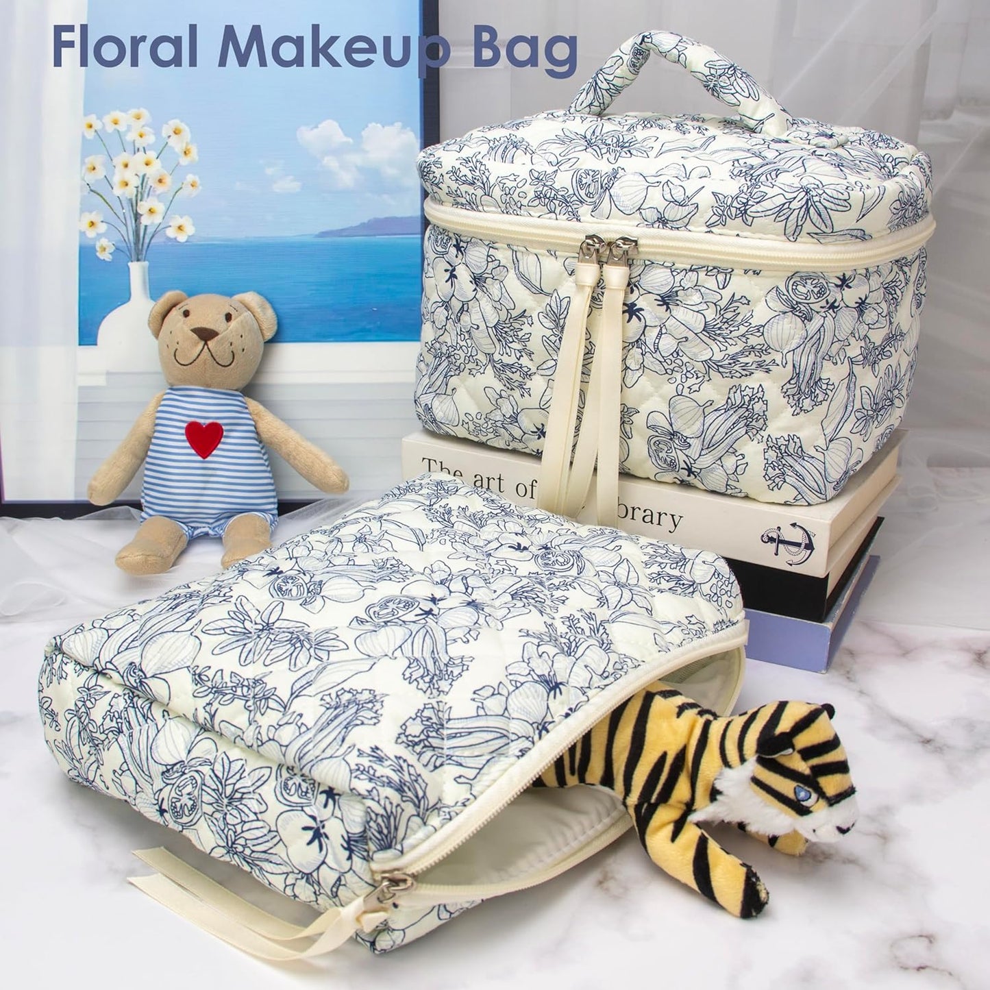 PAZIMIIK Quilted Makeup Bag Large Travel Zipper Soft Cosmetic Pouch for Women Girls Make Up,Flower White