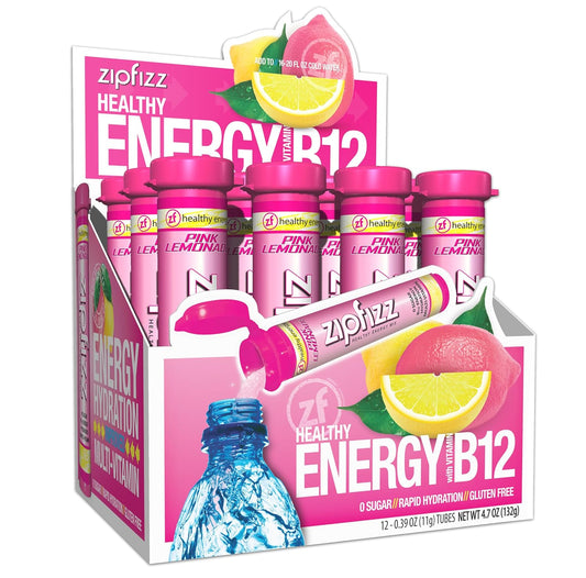 Zipfizz Daily Energy Drink Powder, Pink Lemonade, 12 Pack | 3-in-1 Sustained Energy, Rapid Hydration, and Essential Vitamins | Sugar-Free | Electrolyte Powder | Contains Vitamin B-12 & Antioxidants