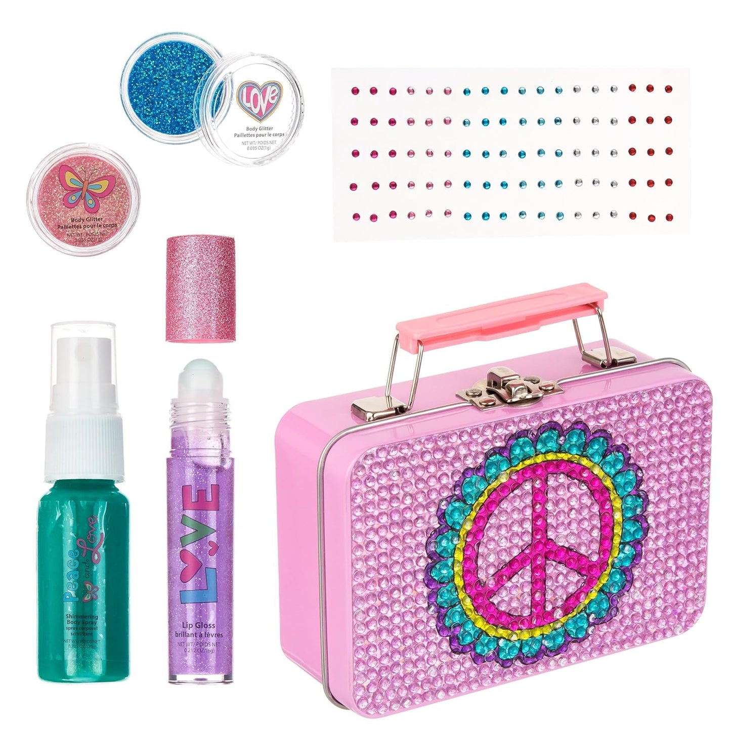Expressions 6pc Peace & Rhinestones Beauty Set w/Tin Box Storage Case - Body Spray, Body Glitter, Mini Body Gems, and Lip Gloss Set,Washable + Non Toxic