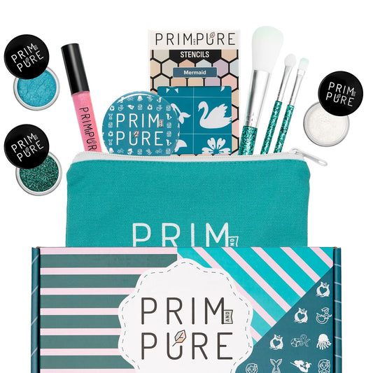 Prim and Pure Kids Makeup Gift Set - Stencil, Makeup Eyeshadow Bioglitter Lip Gloss and Cosmetic Bag Mirror Makeup Brush Accessories (Mermaid Blue)