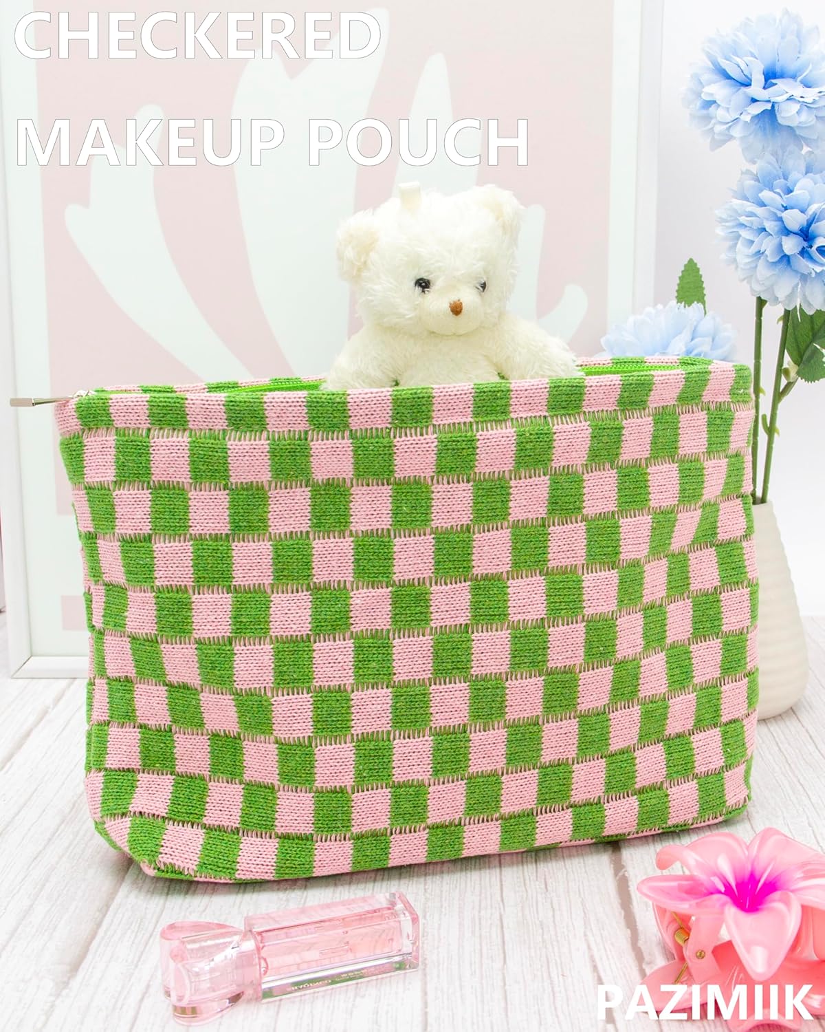 PAZIMIIK Knitted Checkered Makeup Bag Large Zipper Make Up Accessory Pouch for Purse Cosmetic Brush Bag for Travel Essential Pink Green