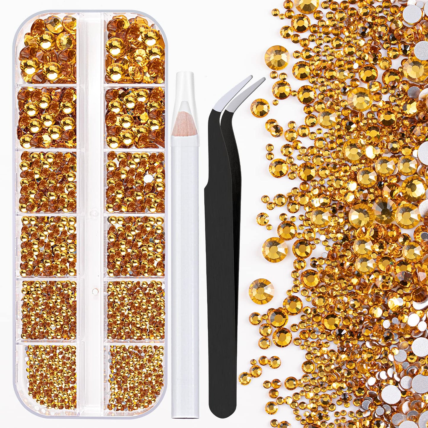 One Pack 2000 Pcs of Flatback Round Golden Yellow Rhinestones 6 Sizes (1.5-6 mm) with Nail Art Rhinestone Picker Pencil and Tweezer for DIY and Salon Use