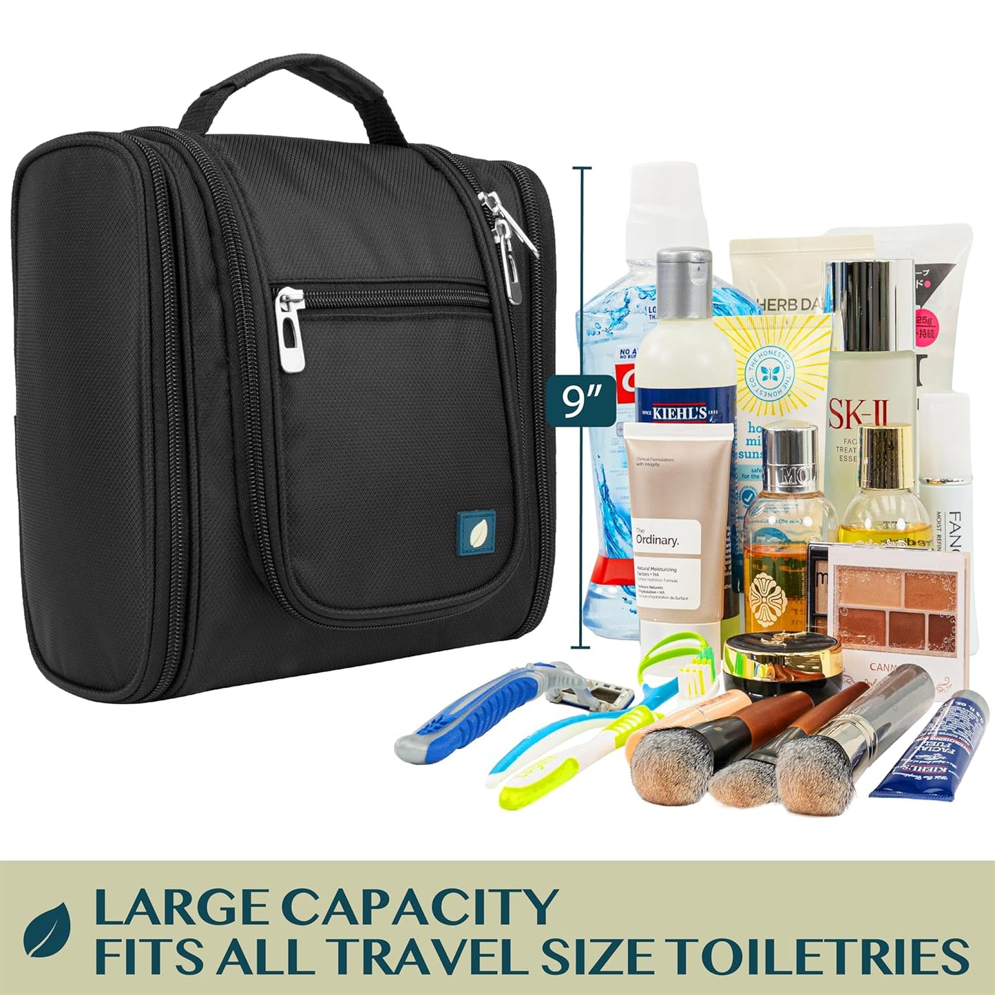 PAVILIA Toiletry Bag Travel Bag for Women Men, Hanging Cosmetic Organizer, Water Resistant Makeup Bag for Accessories Toiletries, Large Travel Essentials Kit (Black)