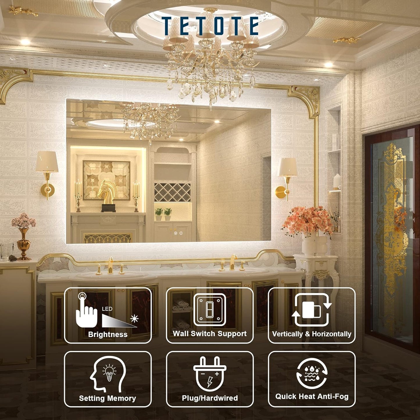 TETOTE 60 x 40 LED Backlit Bathroom Mirror with Light,3 Color White/Warm/Natural,Anti-Fog Lighted Mirror,Dimmable,Vanity Mirror,Wall Mounted