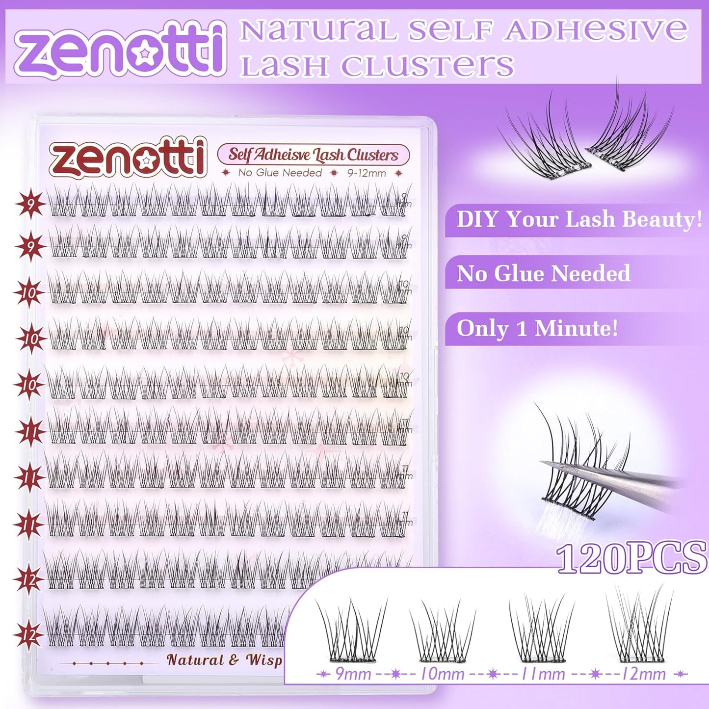 Natural Self Adhesive Clusters Lashes No Glue Self Adhesive Wispy Cluster Eyelashes Extensions Pre-glued Lashes Cluster Reusable C-Curly Individual Lashes 9-12mm Press on Lash by zenotti